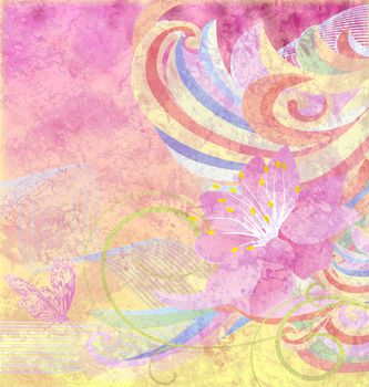 abstract pink flower with curves on pink and yellow grunge paper background