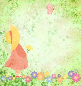 girl in pink dress and yellow hat with flowers and butterfly on green grunge background