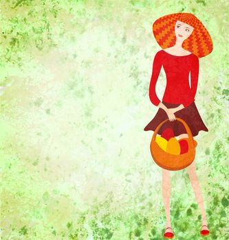 red young woman with easter basket on green watercolor background