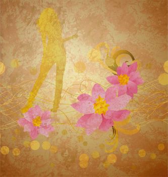 girl and pink flowers on grunge background old paper