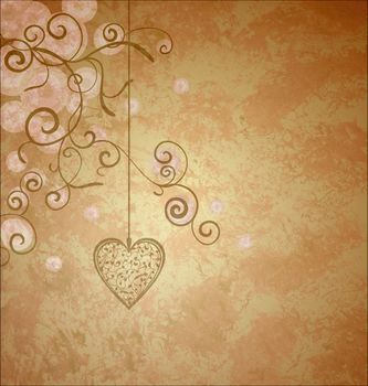 golden heart with flourishes hanging on grunge old paper background