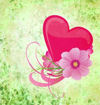 green grunge background with purple and pink heart and flowers