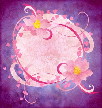 grunge pink flowers on purple background paper