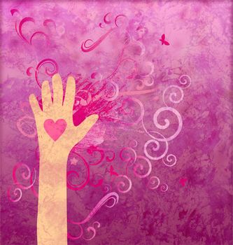 Hand with heart giving love, friendship, peace or help. Magenta grunge