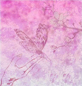 detailed butterfly with floral ornament on magenta backdrop