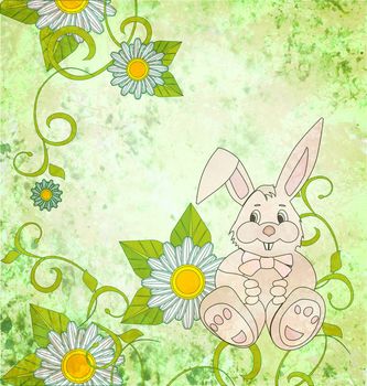 Cartoon rabbit with daisies on green grunge background