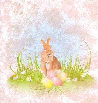 brown hare or rabbit sitting in the grass with easter eggs and daisies grunge