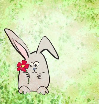 cartoon hare or rabbit illustration on grunge green watercolor background