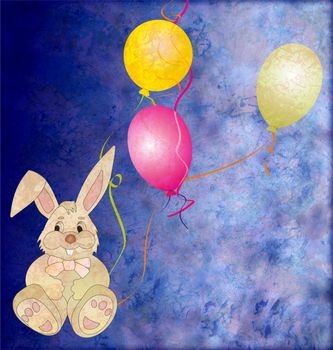 brown grey toy rabbit with three color balloons