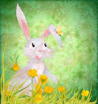 Easter rabbit with yellowflowers on grunge paper green background