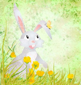 Easter rabbit with yellow flowers and butterfly on grunge paper green background