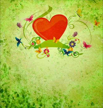 red hear, banner scroll, butterflies and flowers on green gunge background