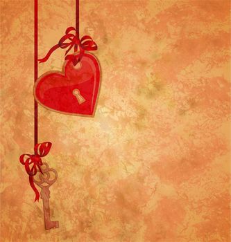 grunge textured background with lock red heart and key hanging on the red ribbons love theme