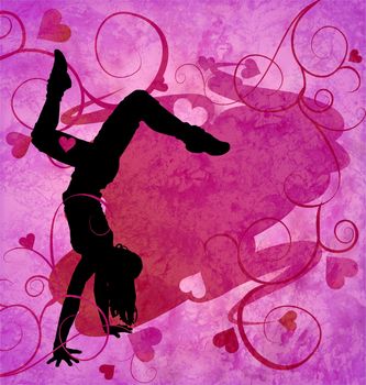 modern urban dancing woman on the grunge pink hearts background