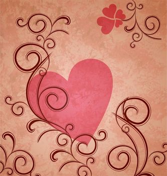 pink heart on brown grunge paper background with flourishes and curves