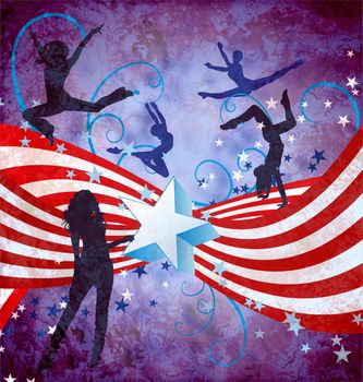 USA independence day dancing women grunge background with stars and stripes