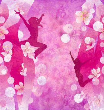 three urban modern dancing women silhuettes on the red or pink grunge background