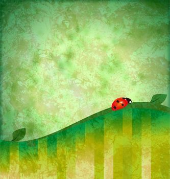 green background grunge illustration with red ladybird