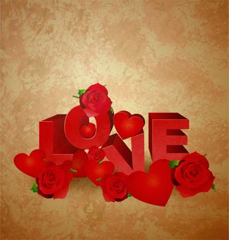 love red text on brown old paper grunge background with hearts and roses
