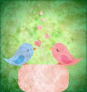blue and pink birds in love on grunge retro paper background