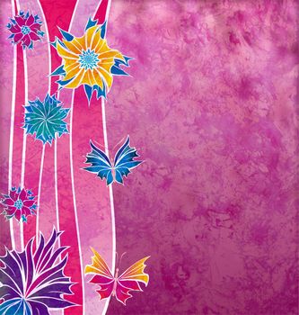 decorative magenta flowers with wave shapes and grunge effect