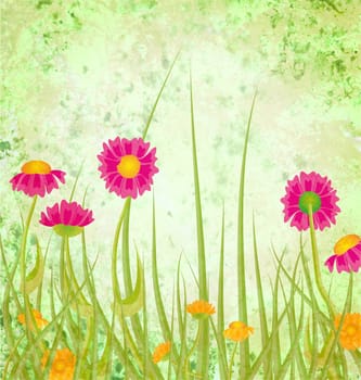 Red flowers  meadow grunge green background