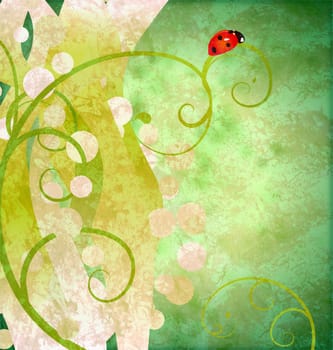 green watercolor grunge background with red ladybird