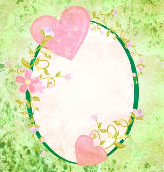 pink hearts love and romance oval grunge green frame with floral elements