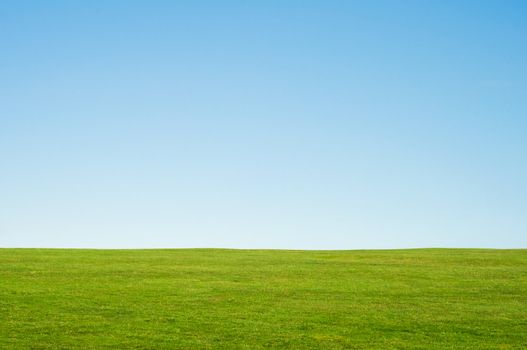 Green grass and blue sky landscape background, providing copy space in the sky.  Horizontal orientation.