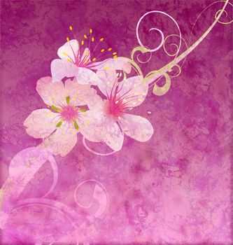 pink flowers on dark pink background grunge illustration