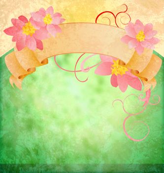 grunge vintage green background with pink flowers and scroll