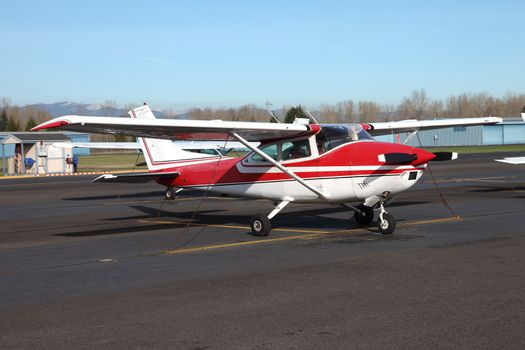 Single engine aircraft parked at the Troudale airport near Portland OR.
