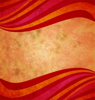 colorful red and orange waves on the grunge old paper background gorizontal frame