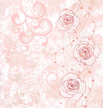 pink roses grunge illustration with flourishes for wedding or birthday