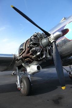 A DC3 engine exposed for repairs at the Troudale airport near Portland OR.
