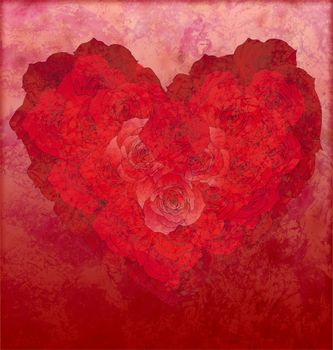 red roses heart on red grunge background love or wedding illustration