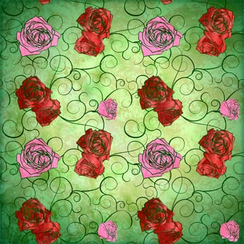 red roses vintage style green pattern with grunge effect