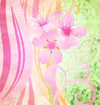 grunge vintage style background with pink spring flowers and green elements