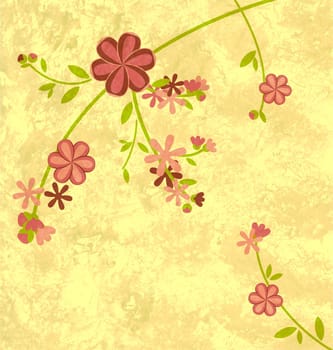 grunge vintage style background with pink spring flowers and green elements