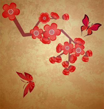 blossoming tree illustration on grunge old paper background