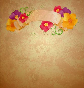 colorful flowers with old scroll on gunge old paper background