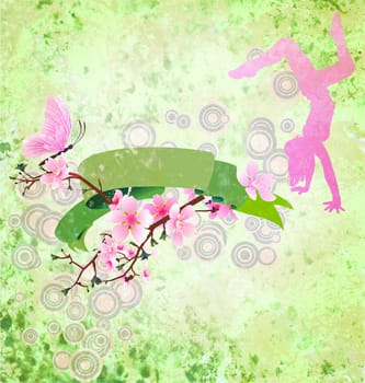 spring scroll with sakura blossom, butterfly, dancing girl and green decor