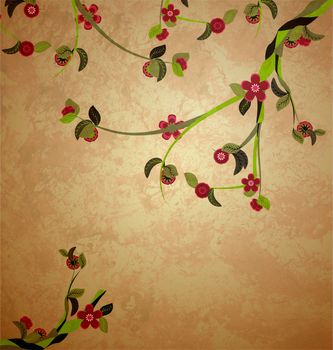 blossoming tree illustration on grunge old paper background