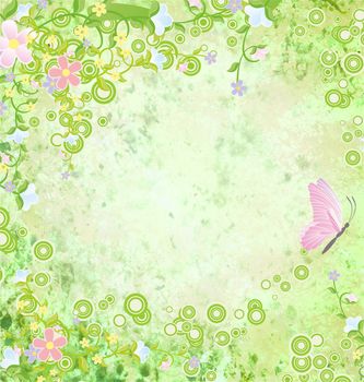 green grunge background with colorful butterflies frame