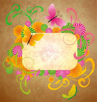 old paper background with butterflies and flourishes frame