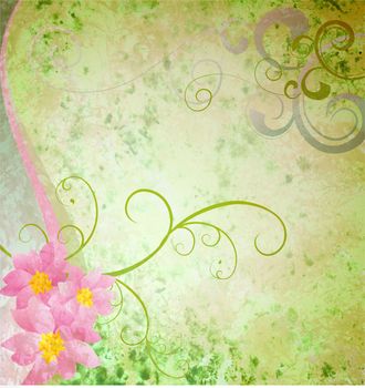 spring green grunge background with pink flowers and butterflies