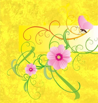 yellow background with pink flowers and butterfly banner