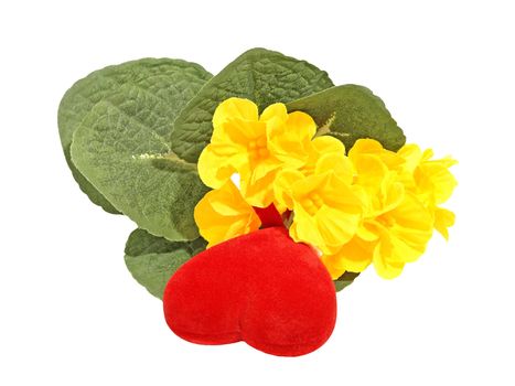 Red heart and yellow flowers  isolated on a white background.