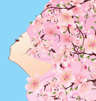 beauty girl profile with spring blossoming hair cherry flowers