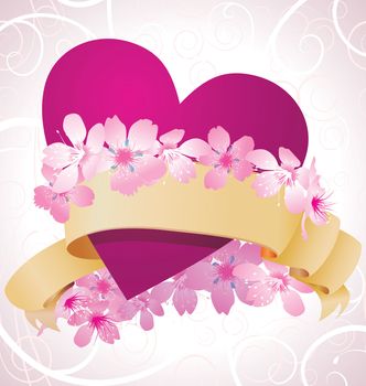 purple heart and pink flowers romance vector valentine's card